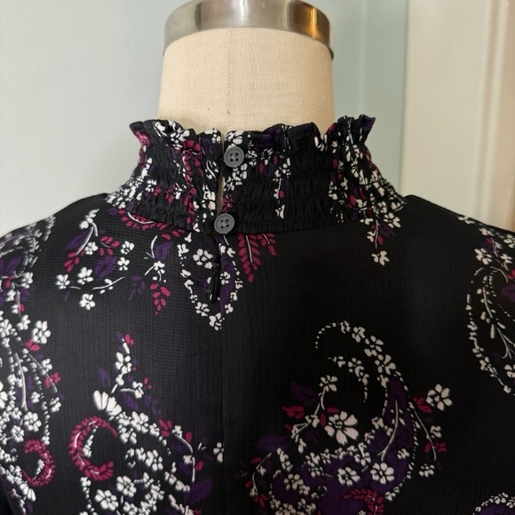 LOFT Paisley Smocked Flared Long Sleeve Floral Dress Black Purple White 8 - Picture 11 of 13